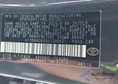 2025 Toyota Camry Se z USA, uszkodzony, nr VIN 4T1DAACKXSU139562